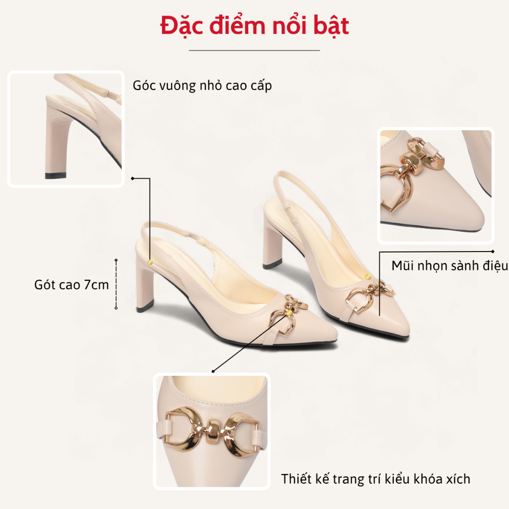 Giày Slingback Cao Gót 7cm Da PU Cao Cấp Khoá Xích Pixie H390