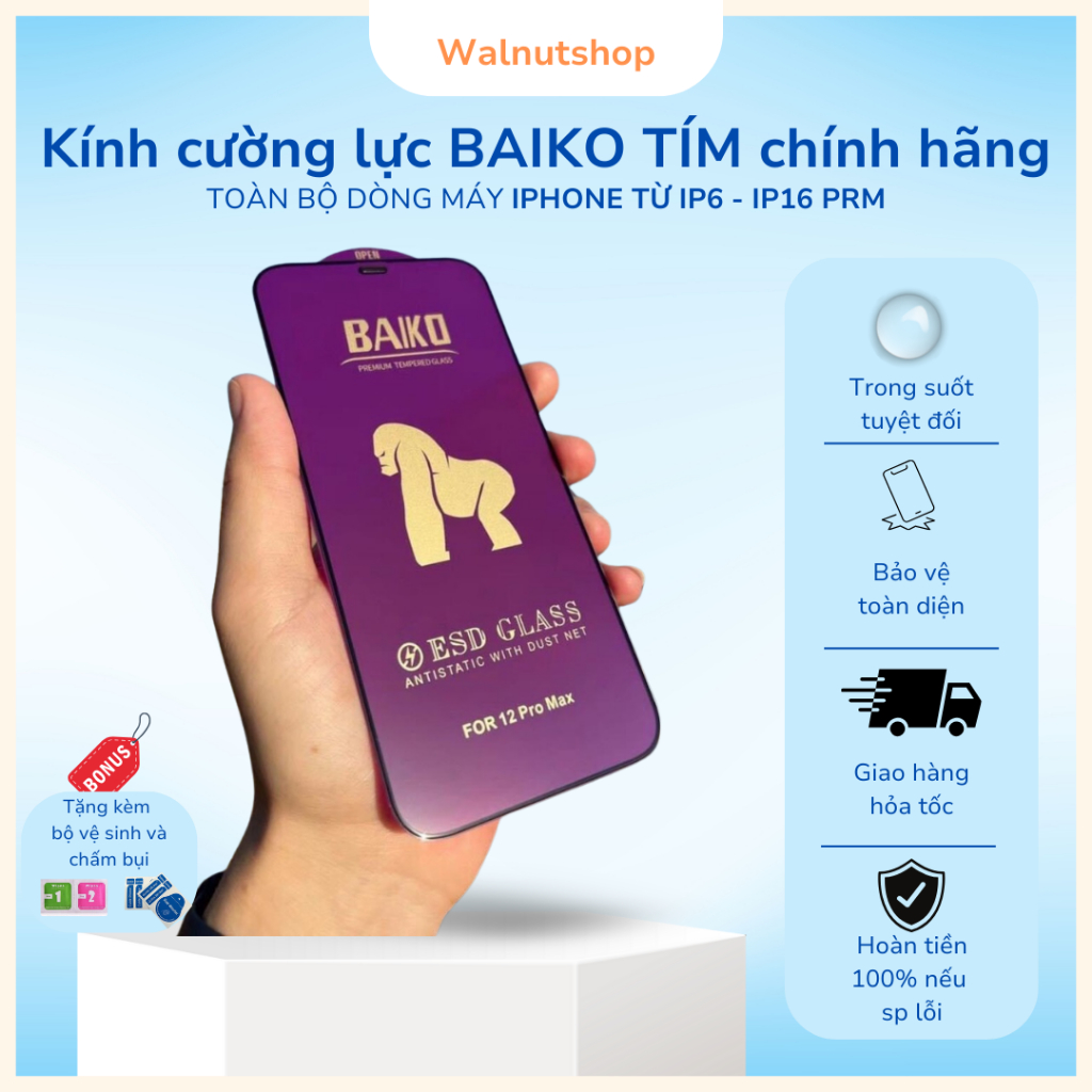 Kính cường lực baiko tím - độ cứng gấp 5 lần baiko đen - bo mép, màng ...