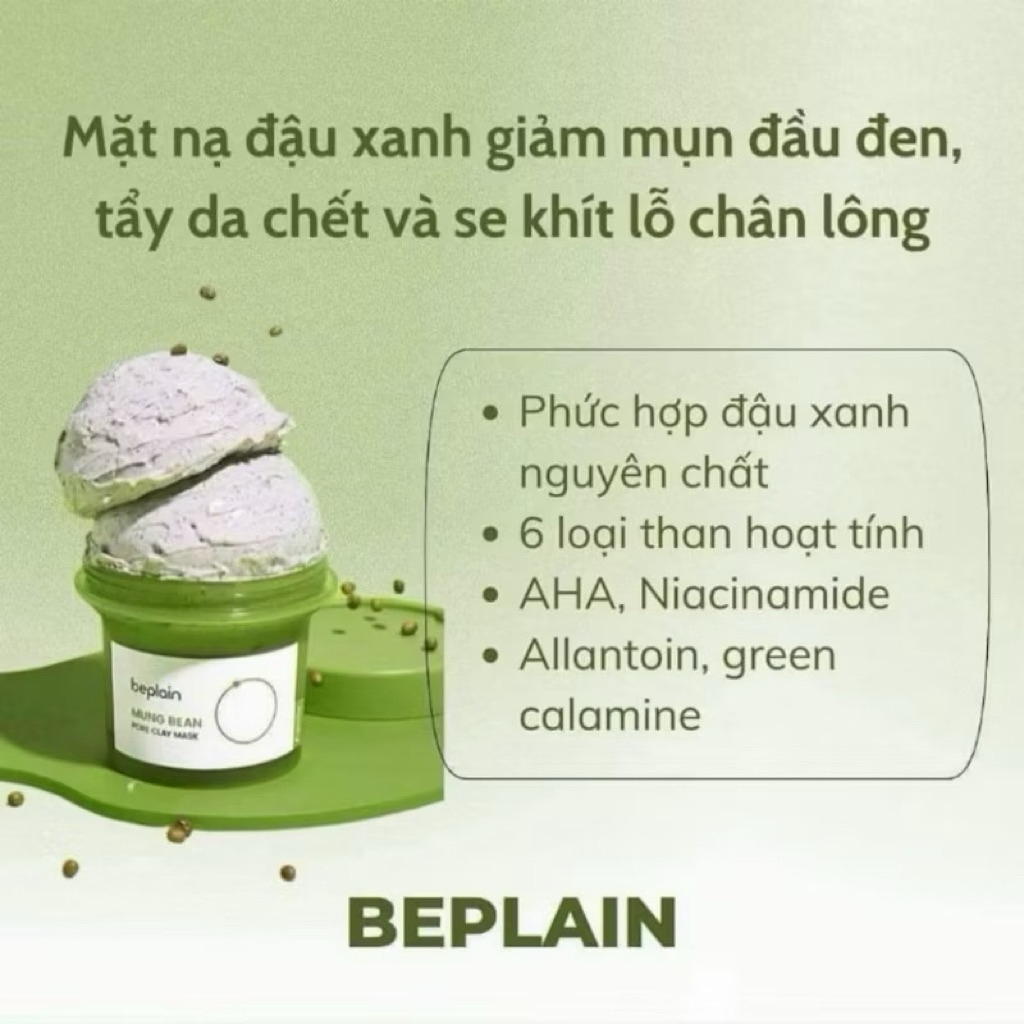 Mặt nạ đất sét đậu xanh Beplain Mung Bean Pore Clay Mask 120ml hạn 2028 giúp kiềm dầu , giảm mụn ẩn IS73