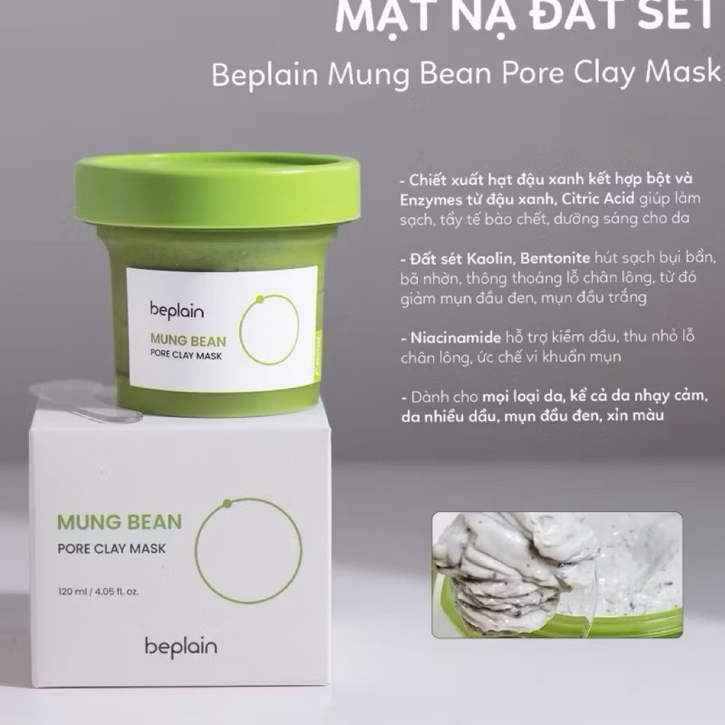 Mặt nạ đất sét đậu xanh Beplain Mung Bean Pore Clay Mask 120ml hạn 2028 giúp kiềm dầu , giảm mụn ẩn IS73