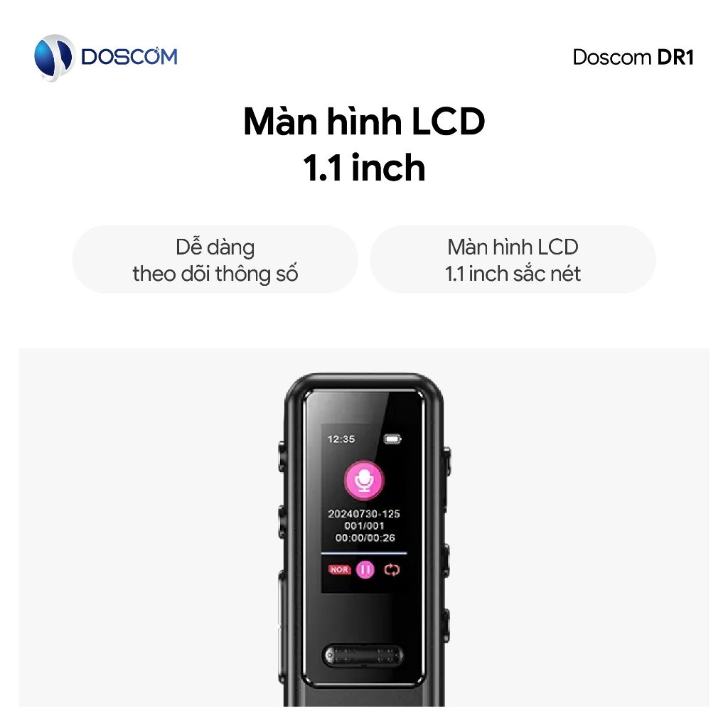 Thiết bị ghi âm mini DOSCOM DR1 - Kích thước nhỏ gọn, ghi âm 1 chạm, lọc tiếng ồn chuyên nghiệp