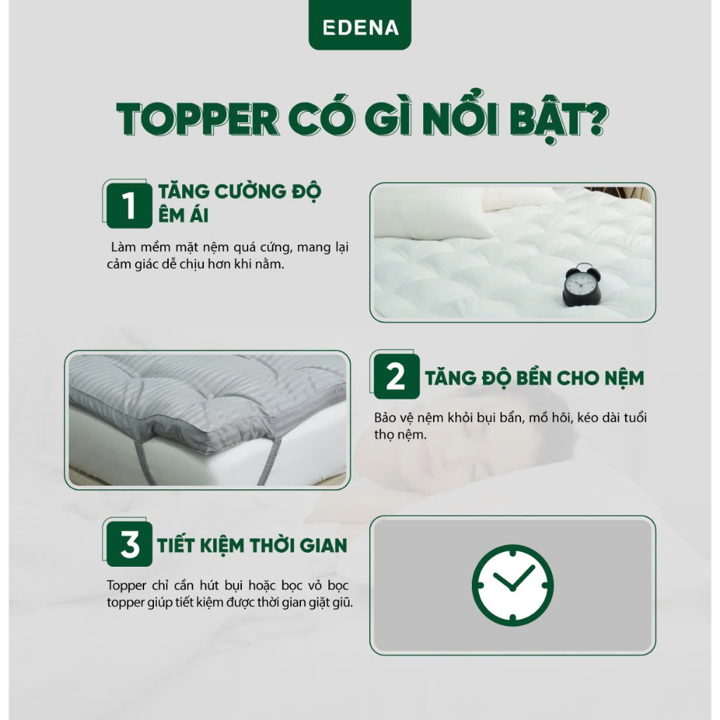 Topper Edena gòn dày 5cm , hỗ trợ tăng độ êm ái cho nệm, bồng bềnh thoáng khí, giúp ngủ ngon chuẩn khách sạn