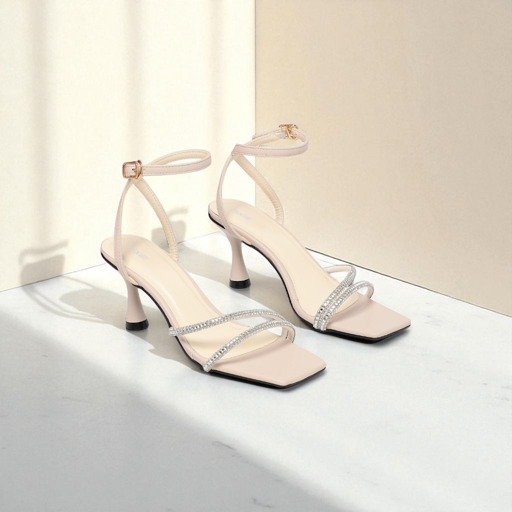 Giày Sandal Cao Gót 7cm Quai Đính Đá Mũi Vuông Pixie H403