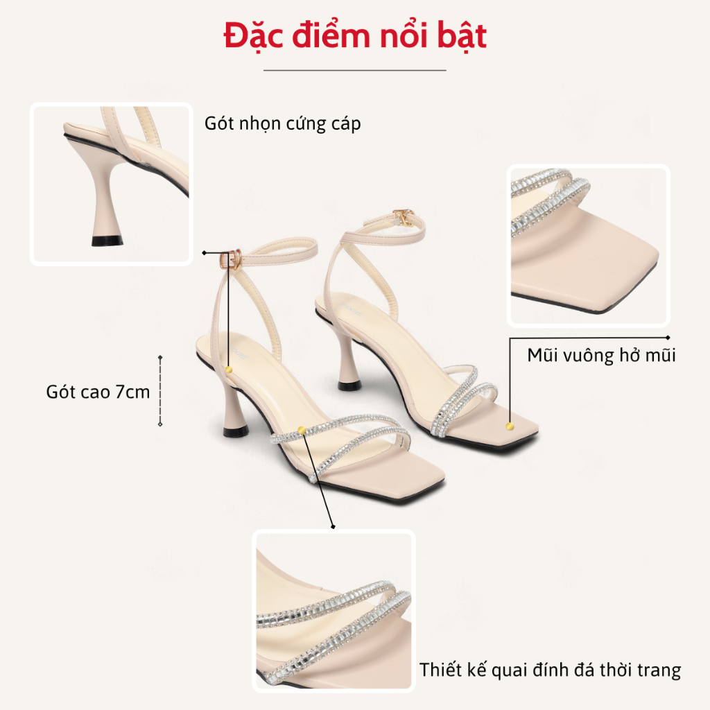 Giày Sandal Cao Gót 7cm Quai Đính Đá Mũi Vuông Pixie H403