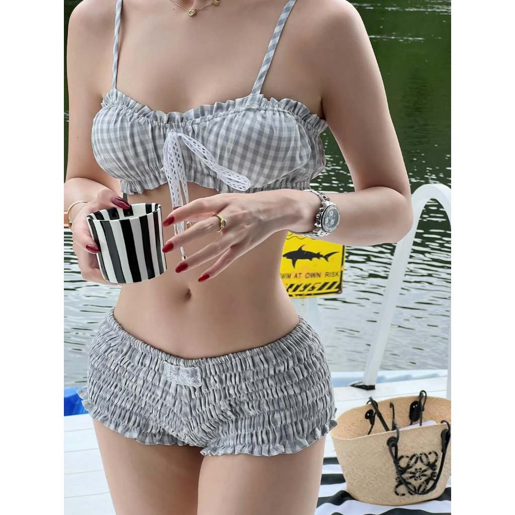 [Sẵn - HỎA TỐC HÀ NỘI] ONESOON Set bikini 2 món soc caro hai dây kèm quần short ngắn nhún co giãn sexy, đồ bơi cá tính