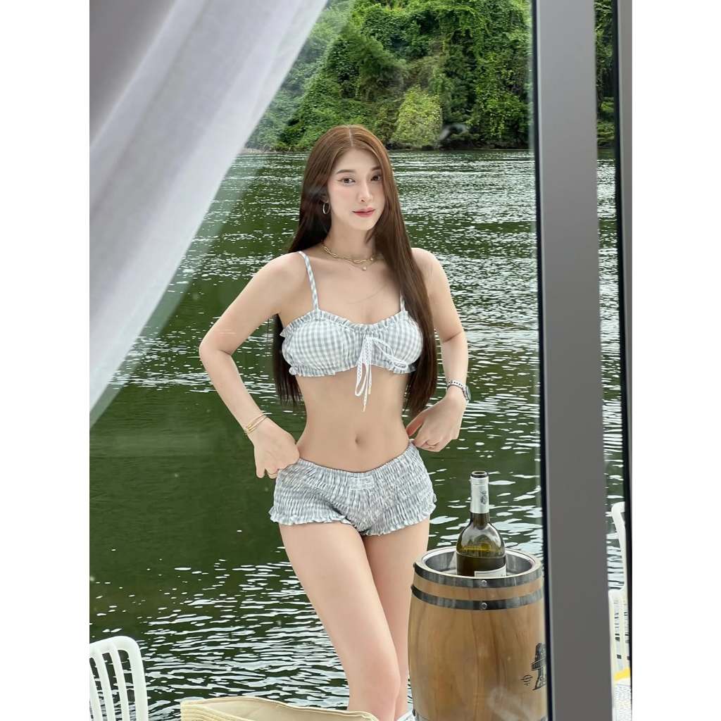 [Sẵn - HỎA TỐC HÀ NỘI] ONESOON Set bikini 2 món soc caro hai dây kèm quần short ngắn nhún co giãn sexy, đồ bơi cá tính