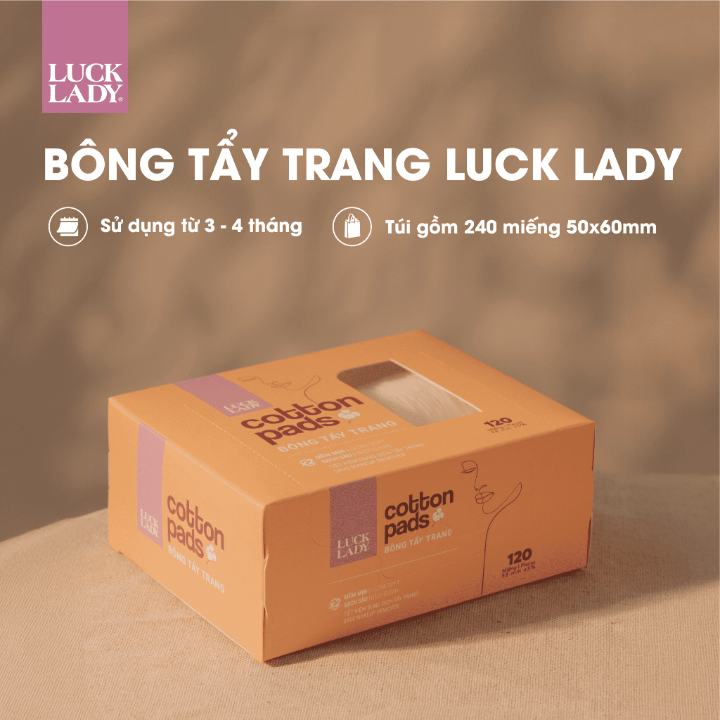 Bông tẩy trang Luck Lady dạng hộp 120 miếng, kích thước bông 58mm, mềm mịn, làm sạch da, an toàn cho da,skincare làm đẹp