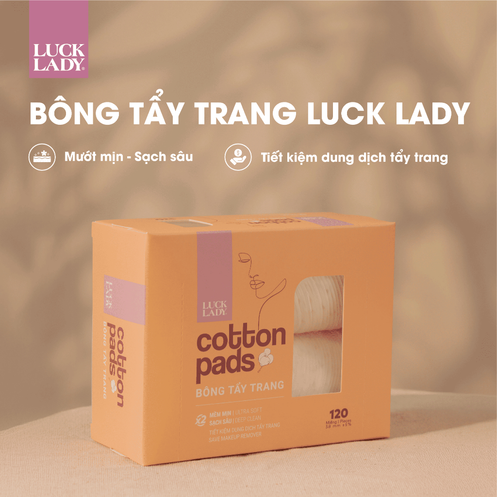 Bông tẩy trang Luck Lady dạng hộp 120 miếng, kích thước bông 58mm, mềm mịn, làm sạch da, an toàn cho da,skincare làm đẹp