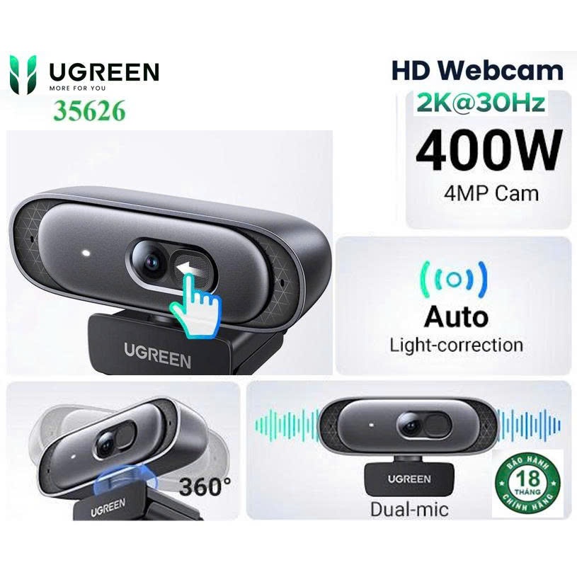 Webcam Ugreen 35626 CM778 15728 Cao Cấp Tự động lấy nét 2K@30Hz, Full HD 1080p/60fps | BigBuy360 - bigbuy360.vn