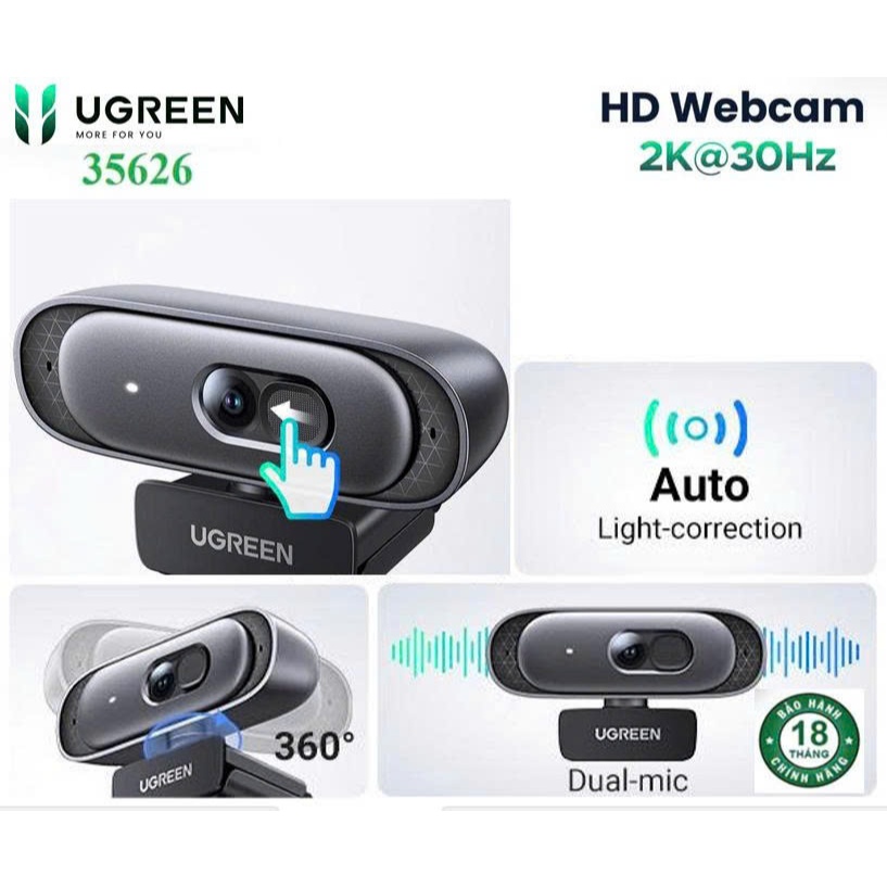 Webcam Ugreen 35626 CM778 15728 Cao Cấp Tự động lấy nét 2K@30Hz, Full HD 1080p/60fps | BigBuy360 - bigbuy360.vn
