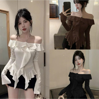 Áo trễ vai tay dài ôm body bèo nhún đẹp dự tiệc màu trắng đen nâu VANISA CT338
