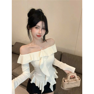 Áo trễ vai tay dài ôm body bèo nhún đẹp dự tiệc màu trắng đen nâu VANISA CT338