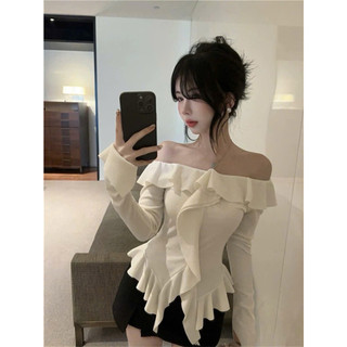 Áo trễ vai tay dài ôm body bèo nhún đẹp dự tiệc màu trắng đen nâu VANISA CT338