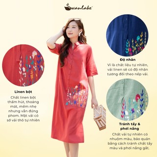 SWANLAKE | Váy Đầm Nữ Midi Sơ Mi Cài Nút Công Sở Thêu Hoa Vải Linen Thấm Hút Tay Ngắn Có Túi D11297