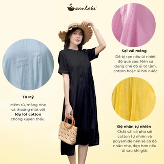 SWANLAKE | Váy Đầm Nữ Suông Trơn 8 Mảnh Dài Bay Cổ Tròn Tay Ngắn Vải Tơ Mỹ Lót Cotton Có Túi D11530