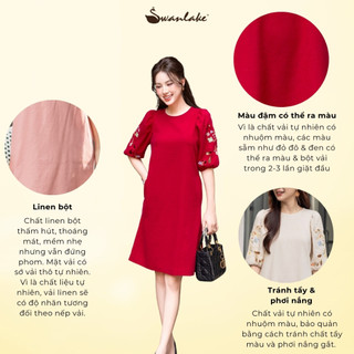 SWANLAKE | Váy Đầm Nữ Suông Vải Linen Thêu Hoa Đục Lỗ 3D Cổ Tròn Tay Bí Lỡ Có Túi Công Sở D11725