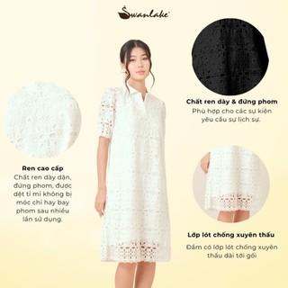 SWANLAKE | Váy Đầm Nữ Ren Lưới Suông Dài Qua Gối Cổ Polo Tay Ngắn Lớp Lót Lụa Hàn Cao Cấp - D11829