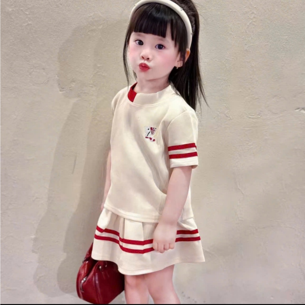 Sét Váy Xếp Ly Phối Viền Dành Cho Bé Gái sz Từ 9-45kg ( có lót quần trong ) Chất Liệu TIXI Hình Thêu