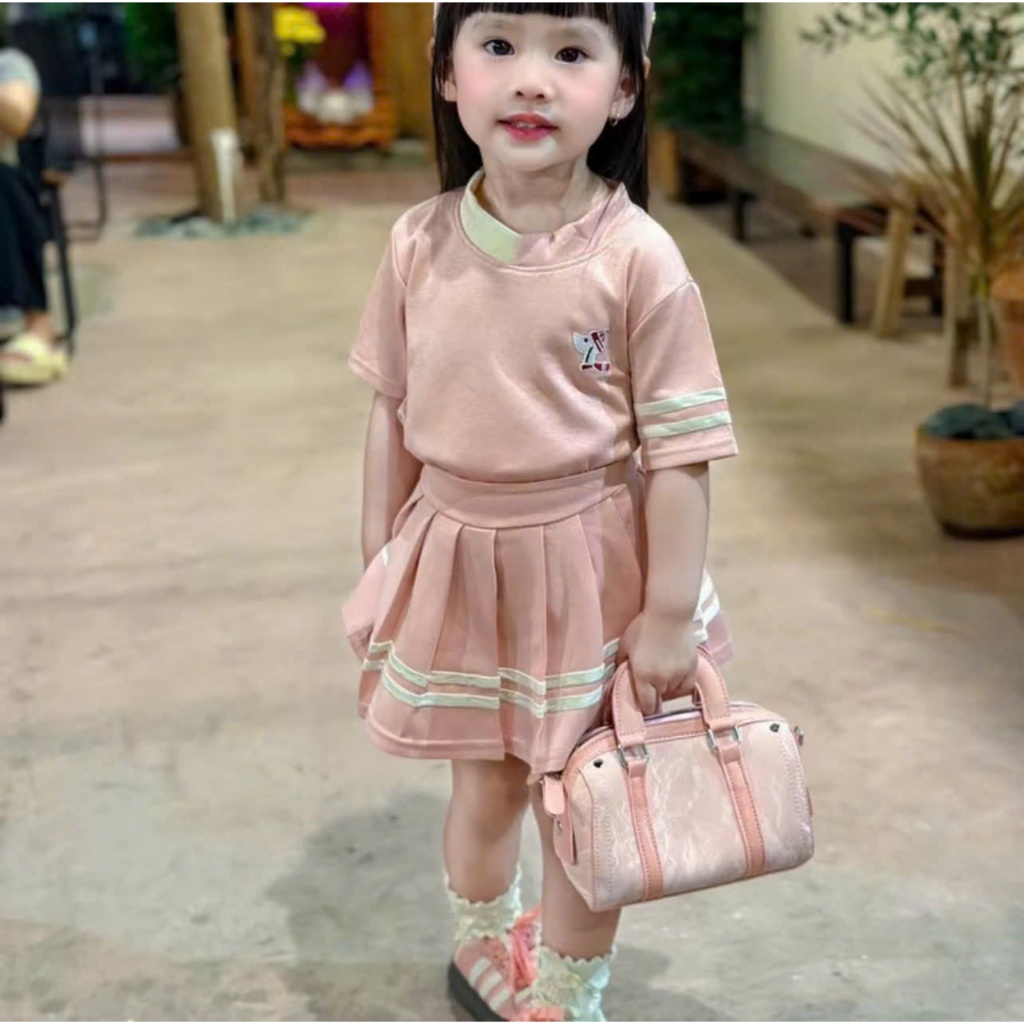 Sét Váy Xếp Ly Phối Viền Dành Cho Bé Gái sz Từ 9-45kg ( có lót quần trong ) Chất Liệu TIXI Hình Thêu