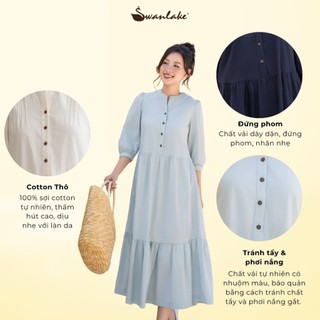 SWANLAKE | Váy Đầm Nữ Maxi Dáng Dài Cổ Trụ Cài Nút Tay Lỡ Chất Liệu Cotton Xếp Ly Đuôi Cá D12355