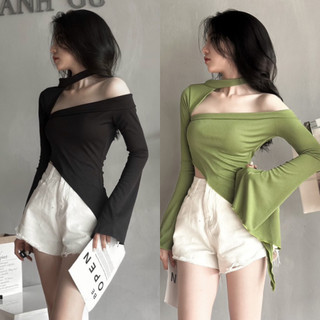 Áo croptop thun nữ lệch vai form ôm body tay loe thời trang đi phố VANISA CT018