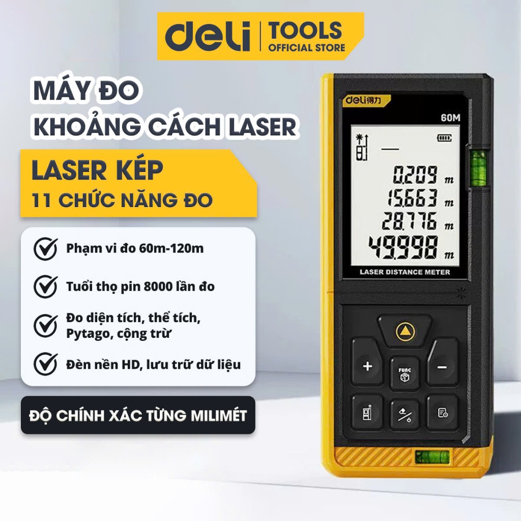 [HỎA TỐC] Thước Đo Khoảng Cách Laser Deli Chính Hãng Đa Năng Chính Xác Bỏ Túi Nhỏ Gọn Sai Số +-5mm