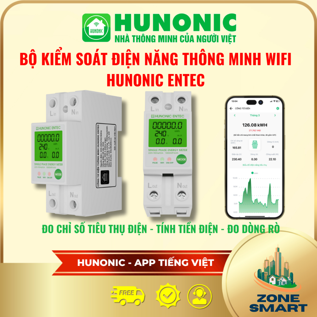 Công Tơ Điện Tử Thông Minh WiFi Hunonic ENTEC / ENTEC PRO Đo Điện Năng ...
