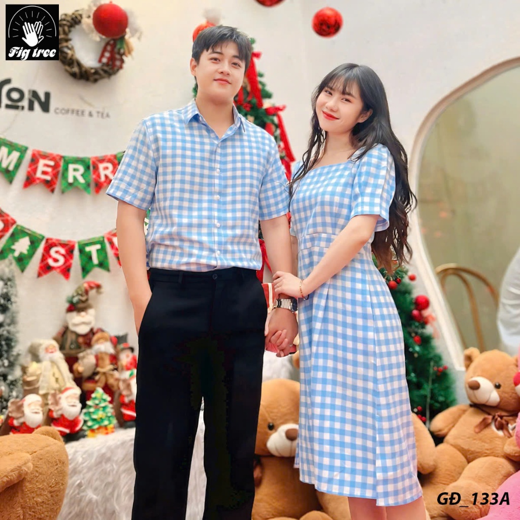Set Sơ Mi Váy Đôi Fig Tree Caro Xanh Mã 133A Siêu Yêu Kèm Cận Cảnh