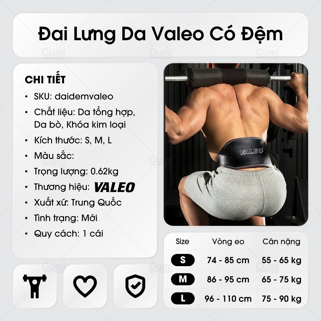 Đai Lưng Da VALEO Có Đệm Tập GYM Cao Cấp Chính Hãng - Đai Bảo Vệ Lưng Tập Gym - DL-ValeoDem