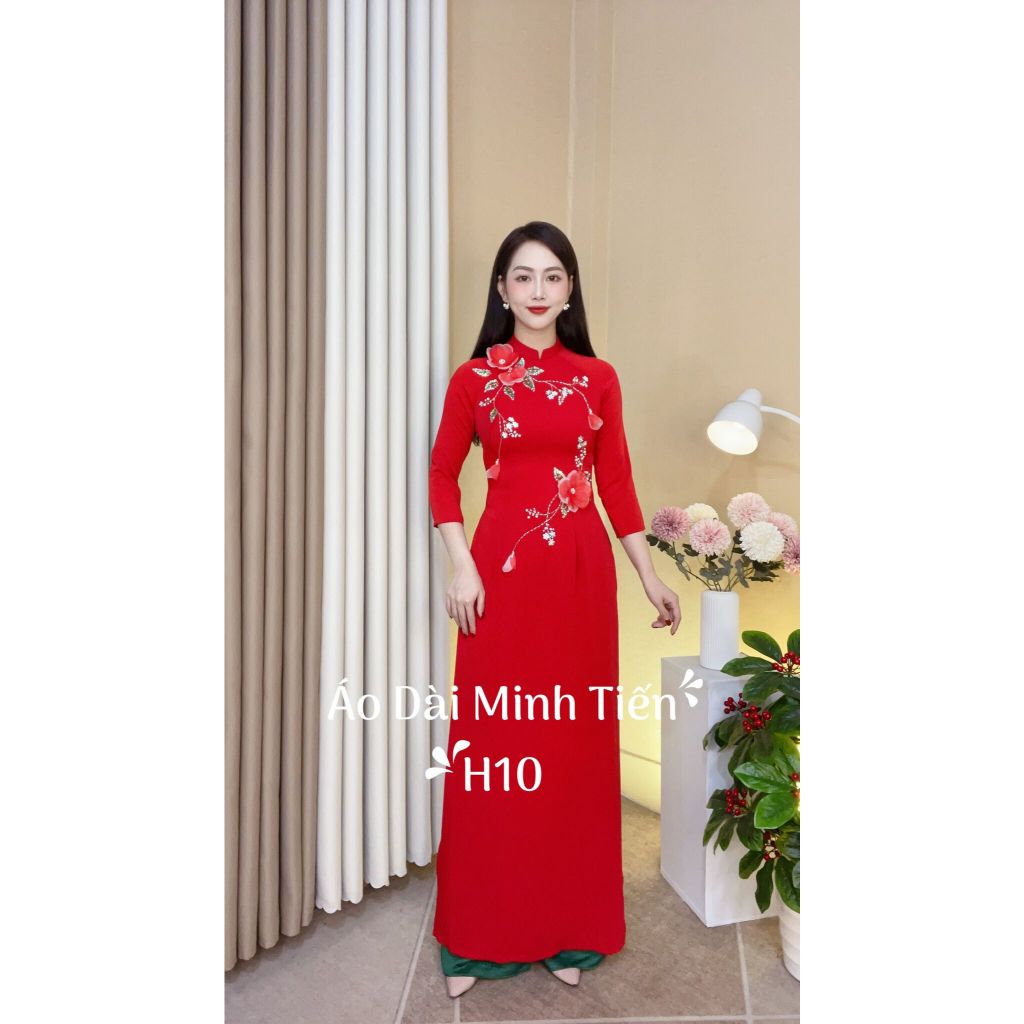 Áo Dài Lụa Mỹ Cao Cấp Họa Tiết Đính Kết Thủ Công Tỉ Mỉ - Mã H10