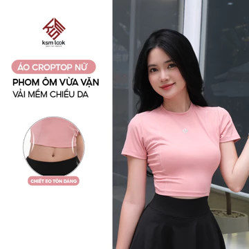 Áo croptop nữ KSMLOOK phom ôm tay ngắn vải thun cao cấp dày dặn mềm mịn, áo thể thao nữ phom ngắn AN516