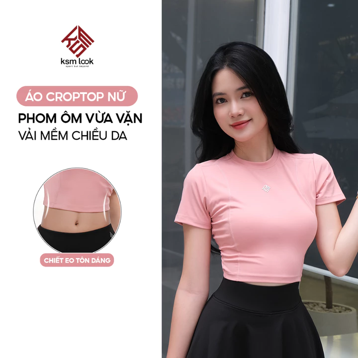 Áo croptop nữ KSMLOOK phom ôm tay ngắn vải thun cao cấp dày dặn mềm mịn, áo thể thao nữ phom ngắn AN516