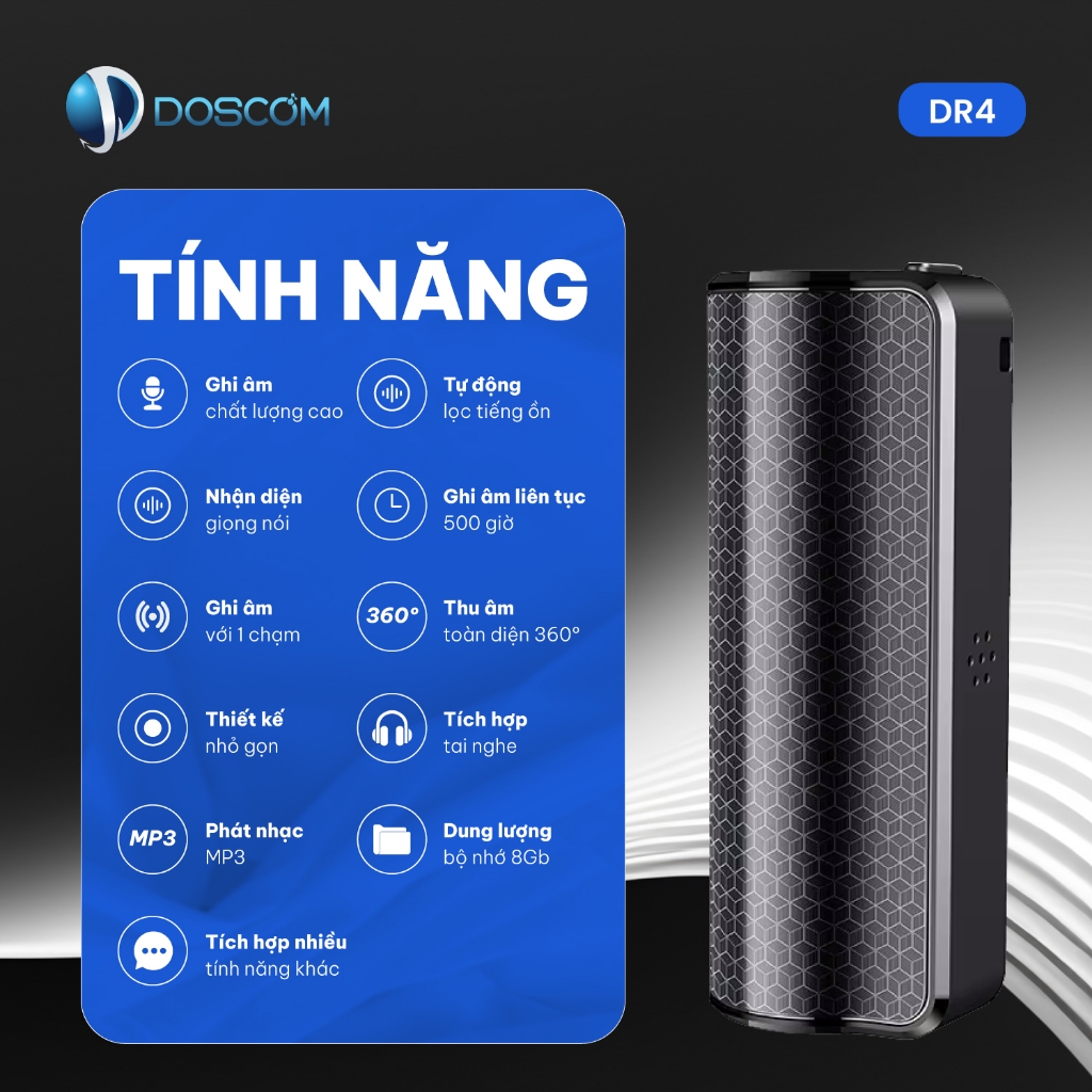 Thiết bị ghi âm DOSCOM DR4 - Máy ghi âm nhỏ gọn, ghi âm liên tục 500 giờ, lọc tiếng ồn âm thanh rõ