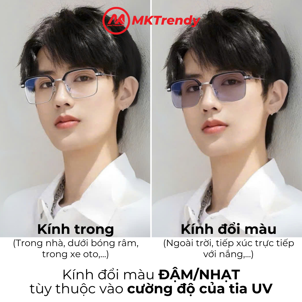 Kính đổi màu dưới nắng MKTRENDY cao cấp thời trang nam nữ gọng kim loại chống tia UV chống ánh sáng xanh X10