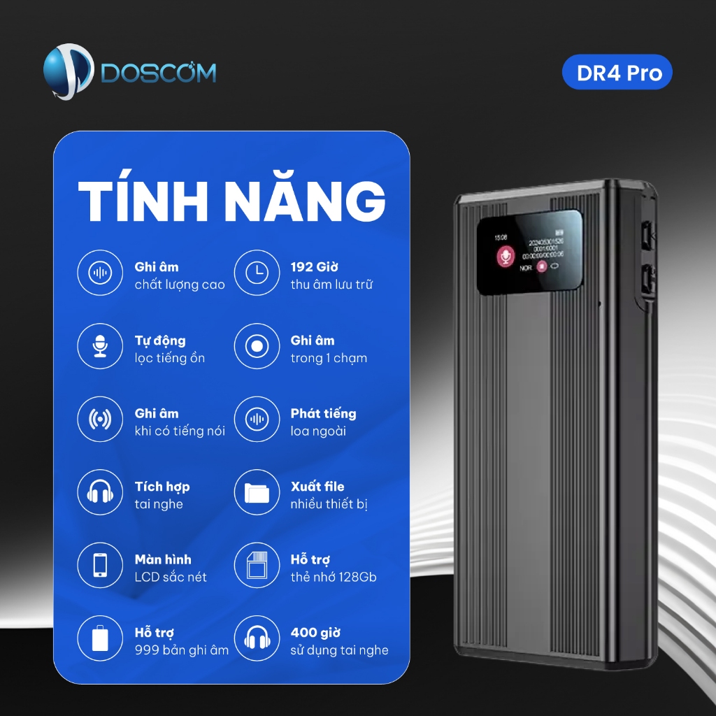 Máy Ghi Âm Chuyên Nghiệp DOSCOM DR4 Pro Pin 500 Giờ - Chip Thế Hệ Mới 2025 Lọc Tiếng Ồn Thông Minh