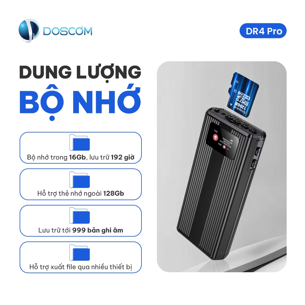 Máy Ghi Âm Chuyên Nghiệp DOSCOM DR4 Pro Pin 500 Giờ - Chip Thế Hệ Mới 2025 Lọc Tiếng Ồn Thông Minh