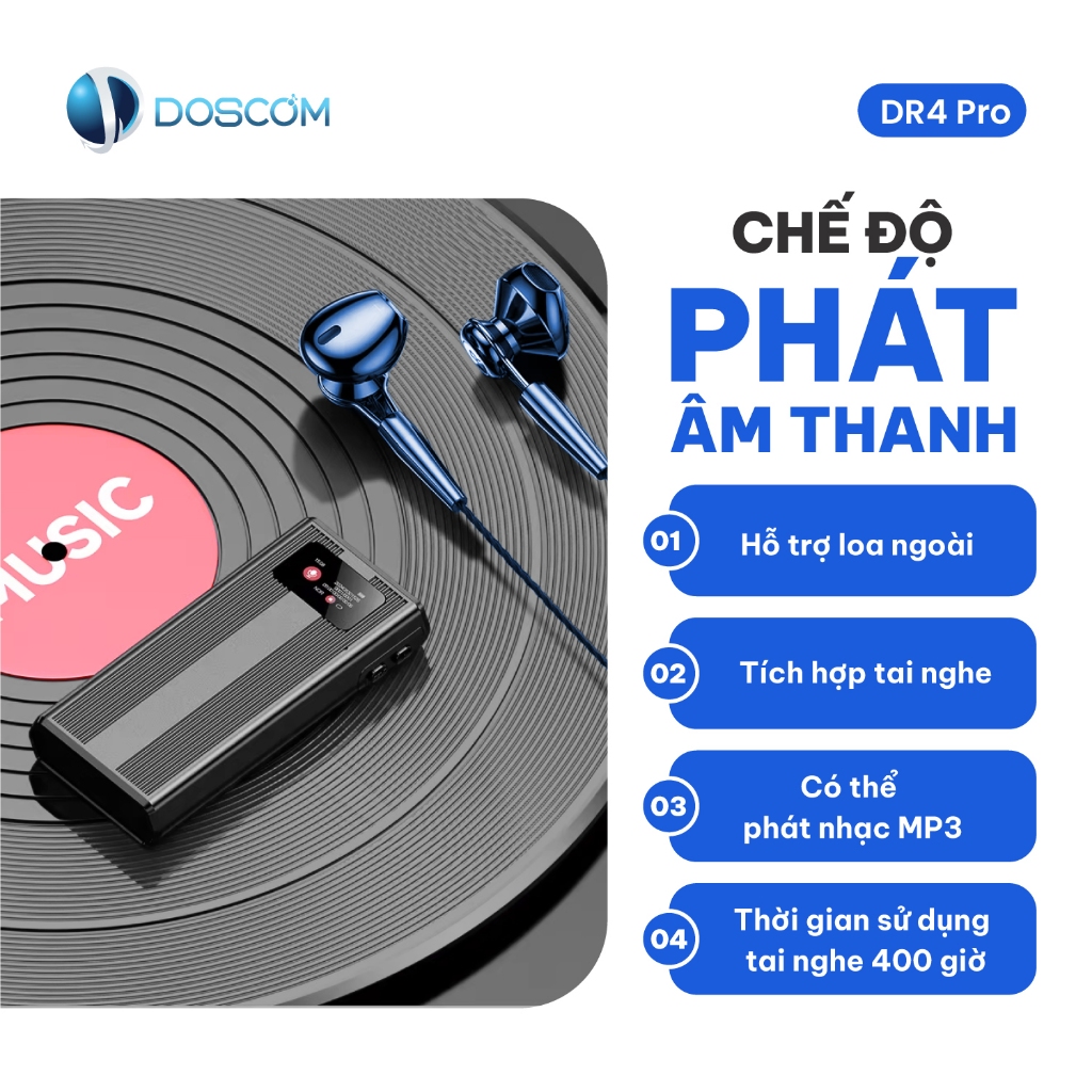 Máy Ghi Âm Chuyên Nghiệp DOSCOM DR4 Pro Pin 500 Giờ - Chip Thế Hệ Mới 2025 Lọc Tiếng Ồn Thông Minh