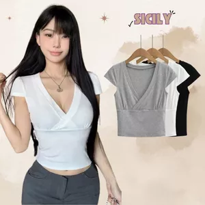 Áo thun tay ngắn ôm sát body Sicily cổ V chéo tay nhí ATCN701