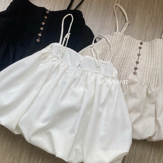Joo Top | Áo linen hai dây dáng phồng xếp ly phối cúc phong cách dễ thương, năng động | ByMintt