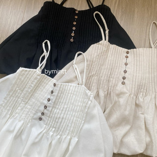 Joo Top | Áo linen hai dây dáng phồng xếp ly phối cúc phong cách dễ thương, năng động | ByMintt