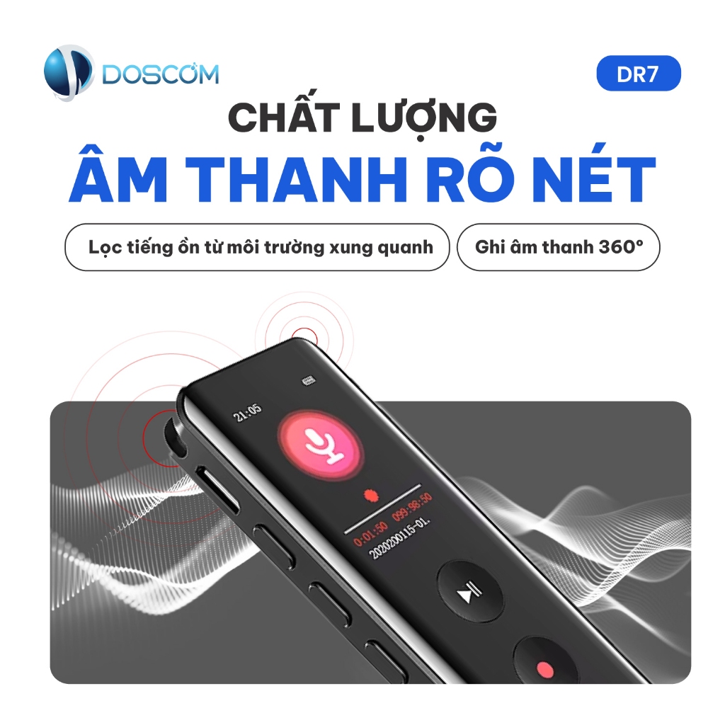 Thiết Bị Ghi Âm DOSCOM DR7 Lọc Âm, Giảm Tiếng Ồn - Ghi Âm Liên Tục 36 Tiếng - Tích Hợp Màn Hình LCD