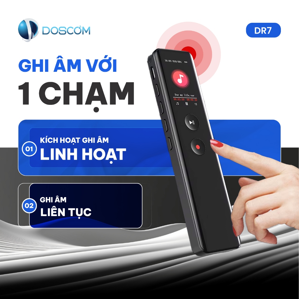 Thiết Bị Ghi Âm DOSCOM DR7 Lọc Âm, Giảm Tiếng Ồn - Ghi Âm Liên Tục 36 Tiếng - Tích Hợp Màn Hình LCD