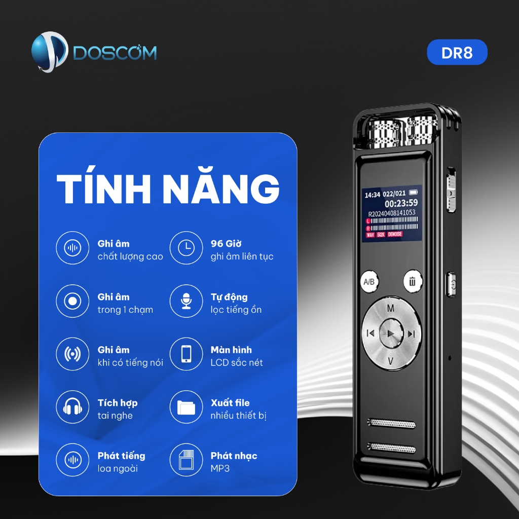 Thiết bị ghi âm chuyên dụng DOSCOM DR8, công nghệ mới tự nhận diện giọng nói, lọc tiếng ồn tự động