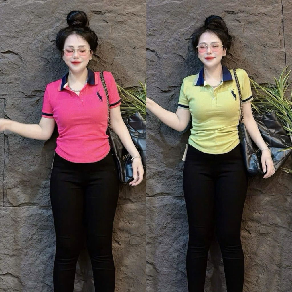 [ Có Size 38kg - 58kg ] Áo thun nữ Pô Lô PHOM ÔM Gấu Store tôn eo phối bo sọc viền thêu ( Pô Lô thêu Ngựa sọc viền 047 )