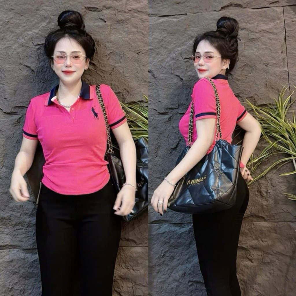 [ Có Size 38kg - 58kg ] Áo thun nữ Pô Lô PHOM ÔM Gấu Store tôn eo phối bo sọc viền thêu ( Pô Lô thêu Ngựa sọc viền 047 )