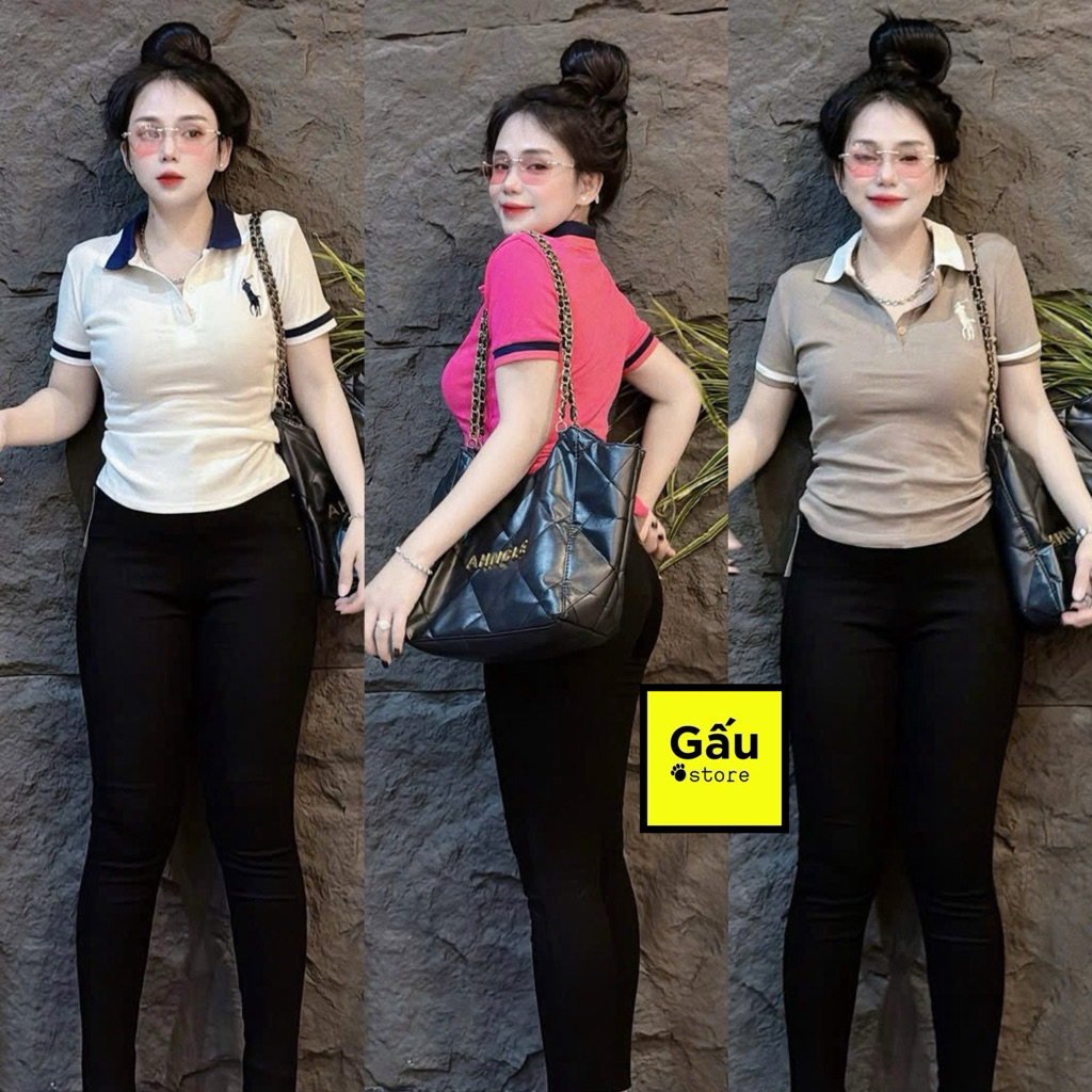 [ Có Size 38kg - 58kg ] Áo thun nữ Pô Lô PHOM ÔM Gấu Store tôn eo phối bo sọc viền thêu ( Pô Lô thêu Ngựa sọc viền 047 )