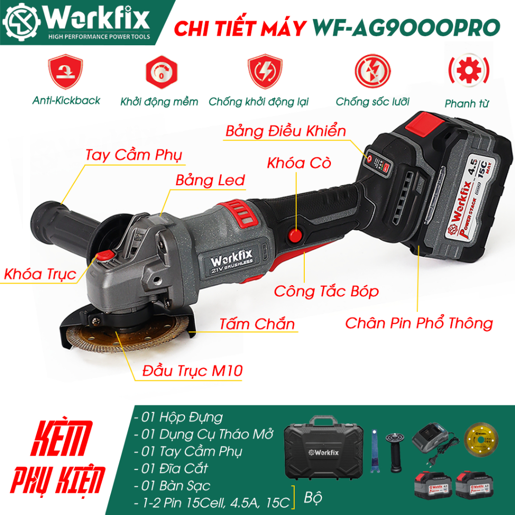 [TẶNG ĐĨA CẮT] Máy mài góc Workfix WF-AG9000ATC - 5 Tính Năng Thông Minh, Có Màn Led, Chuyên Cắt, Cưa, Mài