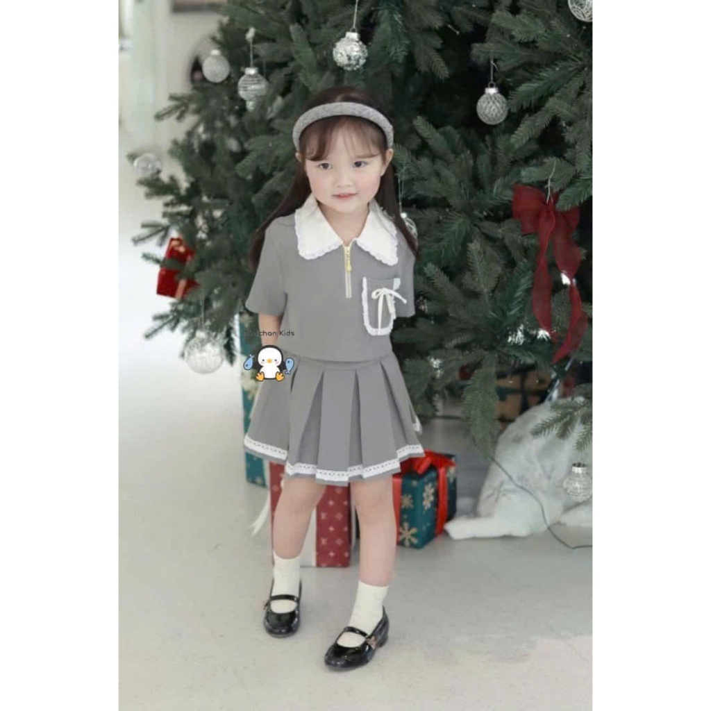 Sét bé gái phong cách kiểu thư chân váy xếp ly cho mẹ và bé gái 12-55kg