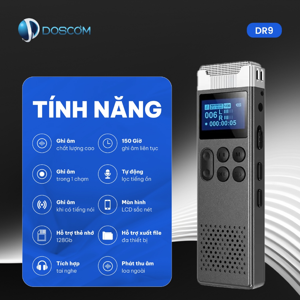 Thiết bị ghi âm cao cấp DOSCOM DR9, lọc tiếng ồn chuyên dụng, nhận diện giọng nói, chip mới 2025