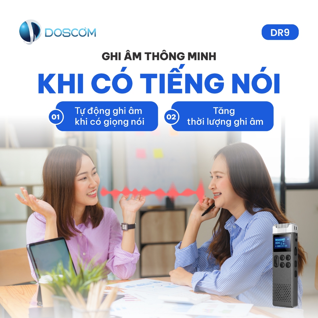 Thiết bị ghi âm cao cấp DOSCOM DR9, lọc tiếng ồn chuyên dụng, nhận diện giọng nói, chip mới 2025